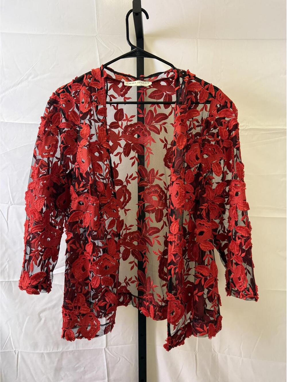 Red Floral Lace Sheer Open Front Cardigan Emma Street